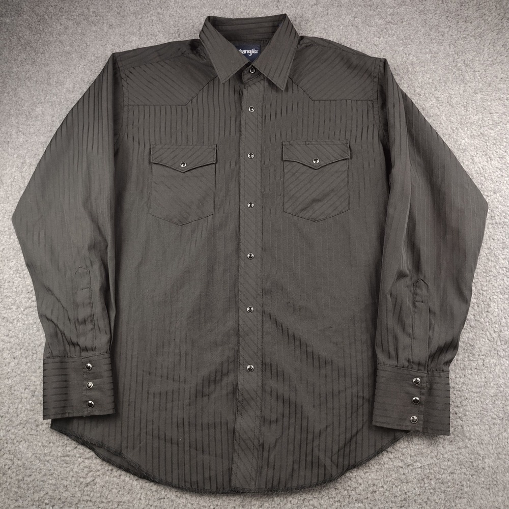 Wrangler Mens Black‎ Tonal Stripe Western Snap Shirt Long Sleeve Large Regular